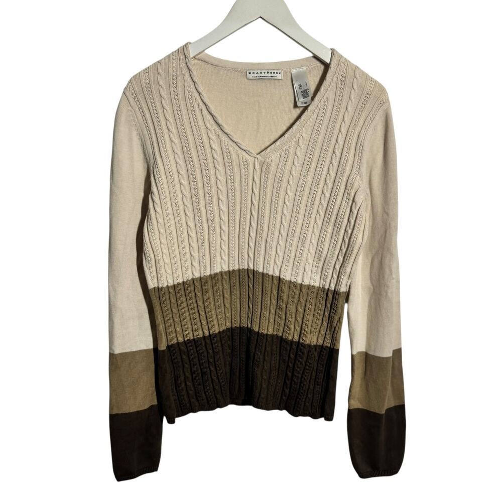 Crazy Horse Sweater‎ Women L Tan Brown Bold Stripe 90s Ribbed Cable Knit Minimal